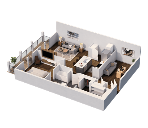 Floor plan for 1 bed, 1 bath, 1037 sqft